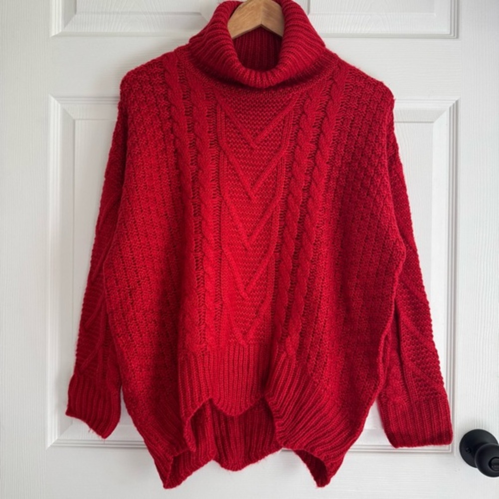 Pink Lily Red Cable Knit Chunky Turtleneck Sweater Women’s Size Small